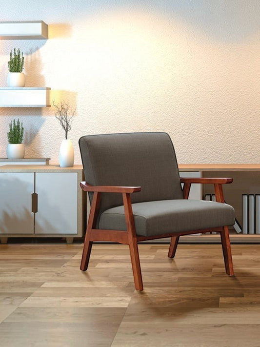 Valiant Products Bunting lounge chair in Klein Otter grey fabric with a solid wood frame in a modern living room