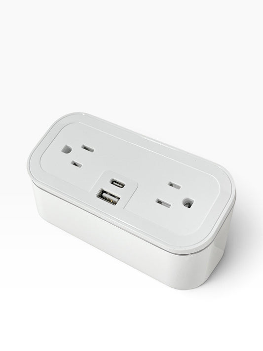 Valiant Products white CubieMini charging block with two power outlets, one USB-A, and one USB-C port.
