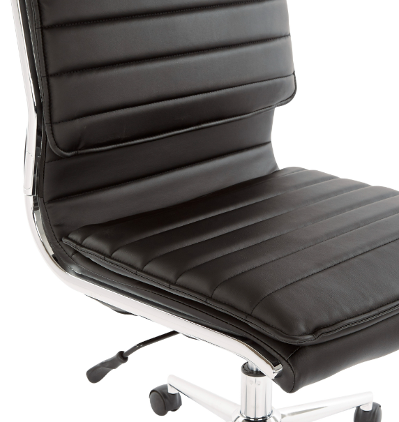Valiant Products Dione Ergo Chair in black faux leather with horizontal stitching and a polished chrome frame.
