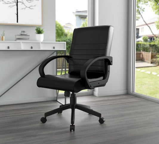 Valiant Products Dolan black ribbed back ergonomic office chair with fixed arms and nylon base in a modern home office.