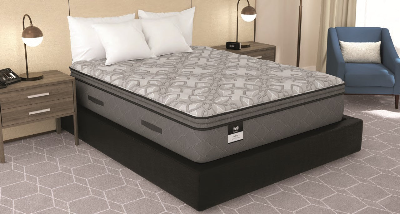 Valiant Products Sealy Gaffney 13-inch soft Euro pillowtop mattress with grey patterned knit fabric and side handles.