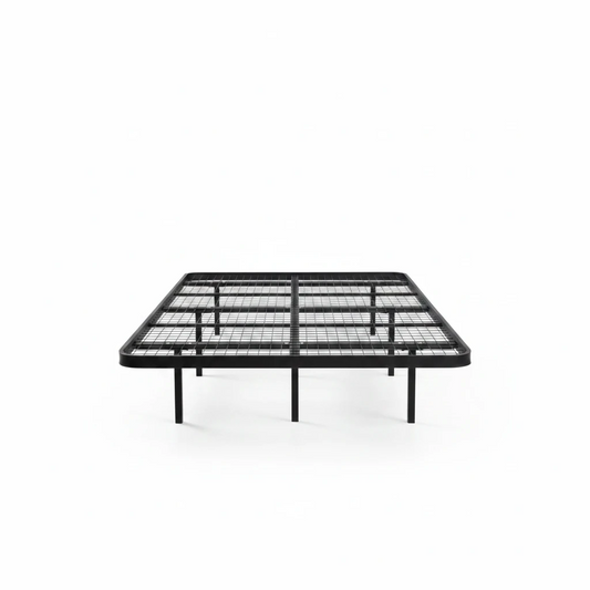 Valiant Products Goliath heavy-duty black steel platform bed base with a wire grid deck and 16-inch storage clearance.