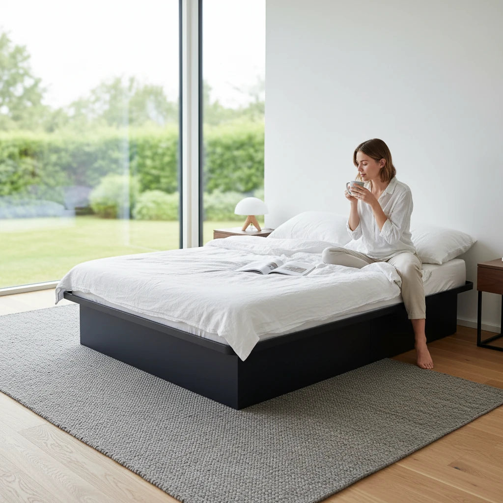 Valiant Products Goliath Elite black steel platform bed base with 4-panel set in a modern bedroom with a woman sitting.