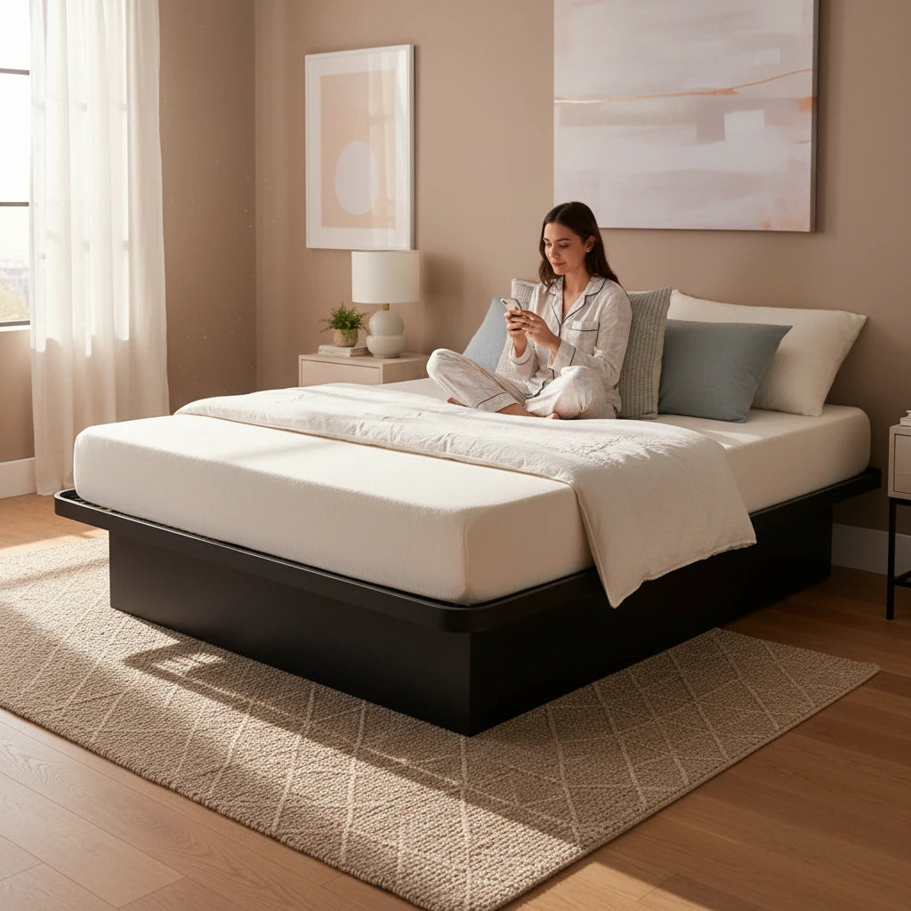 Valiant Products Goliath platform bed base in ebony with side panels, featuring a woman sitting on a white mattress.