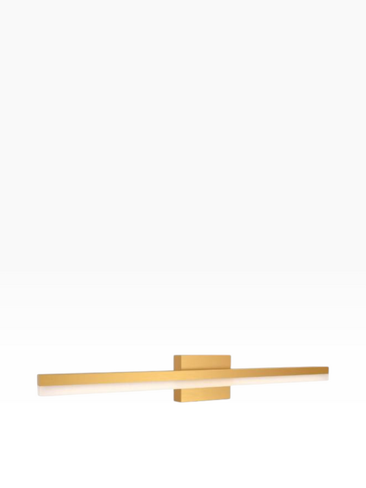 Valiant Products Hanova LED vanity light in brushed gold finish with a sleek acrylic shade for bathroom lighting.