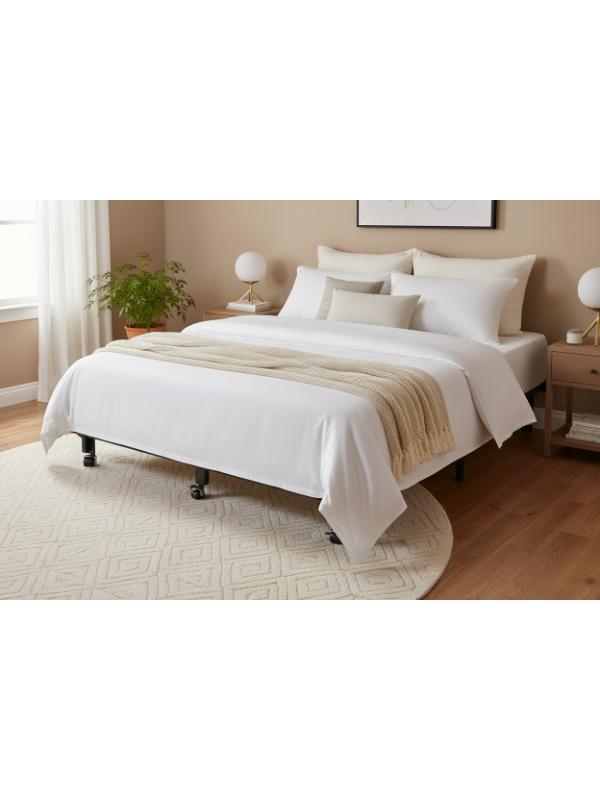 Valiant Products Inst-A-Matic ADA compliant bed frame supporting a white mattress in a modern, minimalist bedroom.