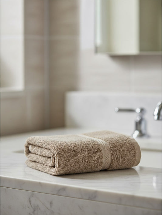 Valiant Products khaki ring-spun cotton hand towel with a dobby border design, folded on a marble bathroom vanity.