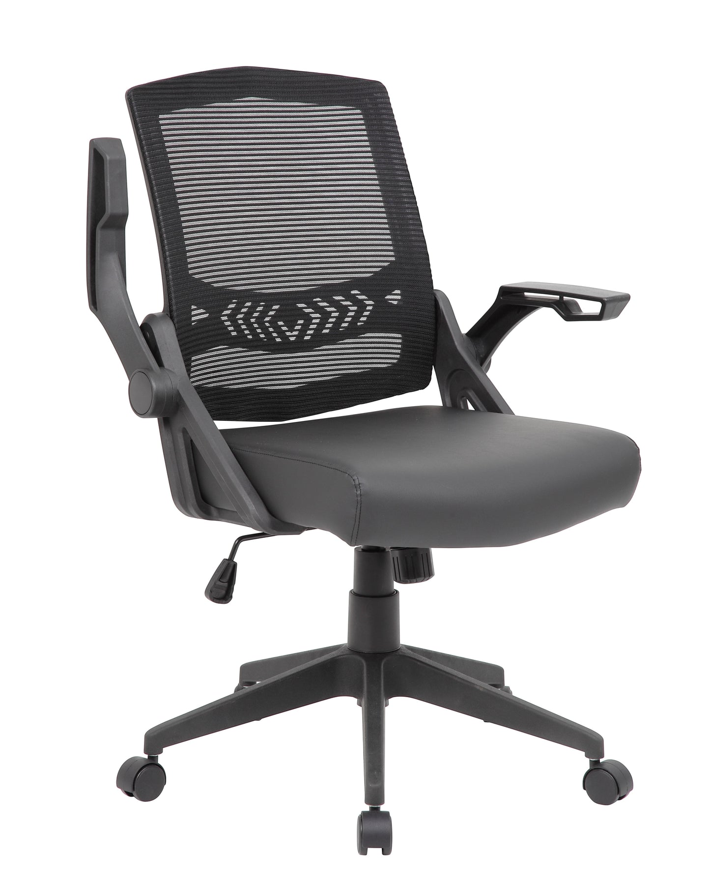 Valiant Products Tycoon ergonomic task chair with black mesh back, antimicrobial vinyl seat, and flip-up arms.