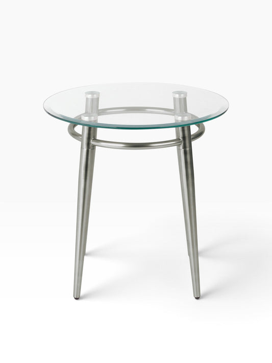 Valiant Products Brooklyn round end table with a clear glass top and brushed nickel metal legs.