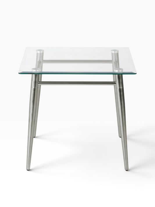 Valiant Products Brooklyn square end table with a clear glass top and a brushed nickel metal frame