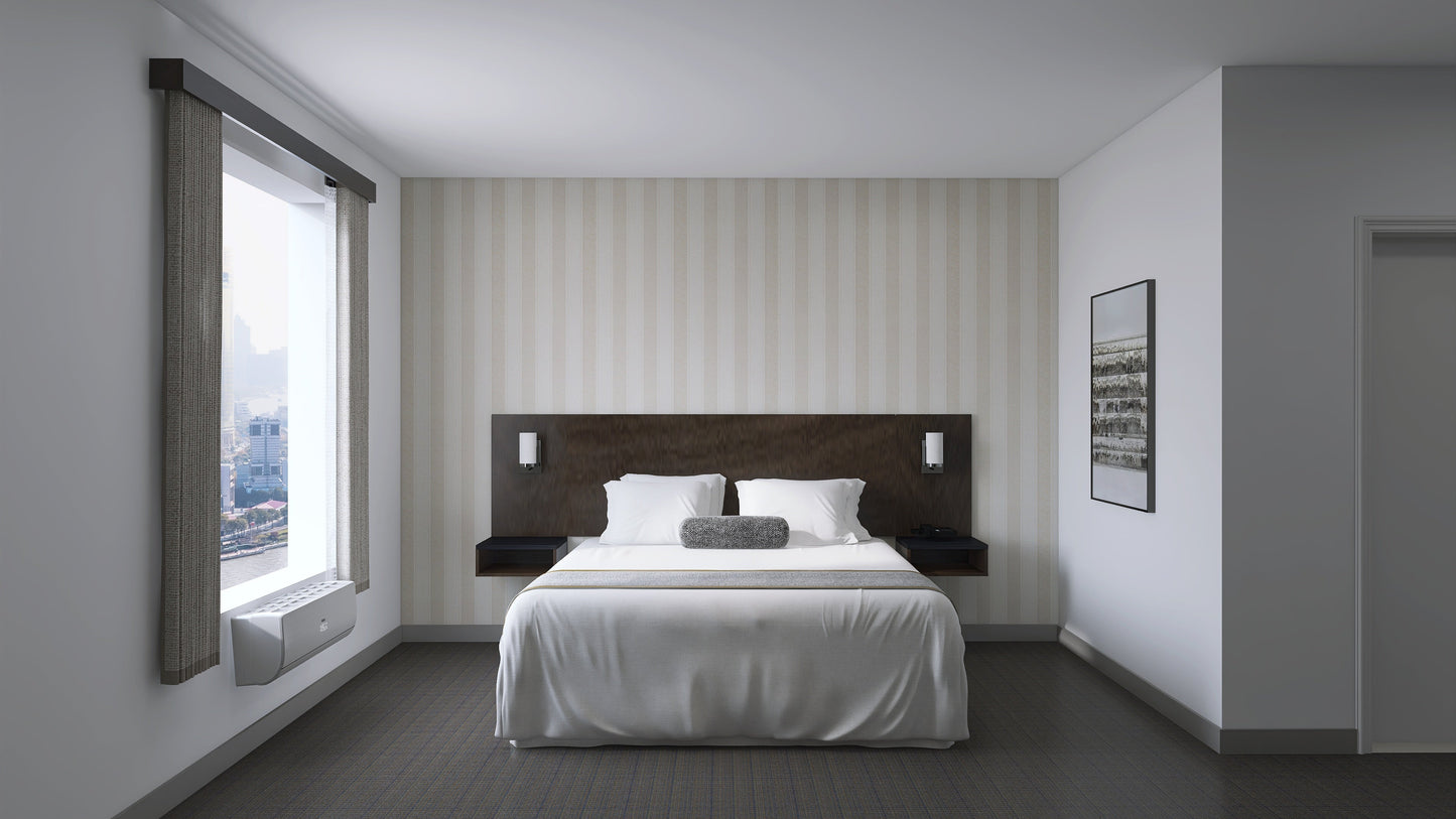 Valiant Products wall mounted nightstand in a modern guestroom with a dark wood finish and minimalist design