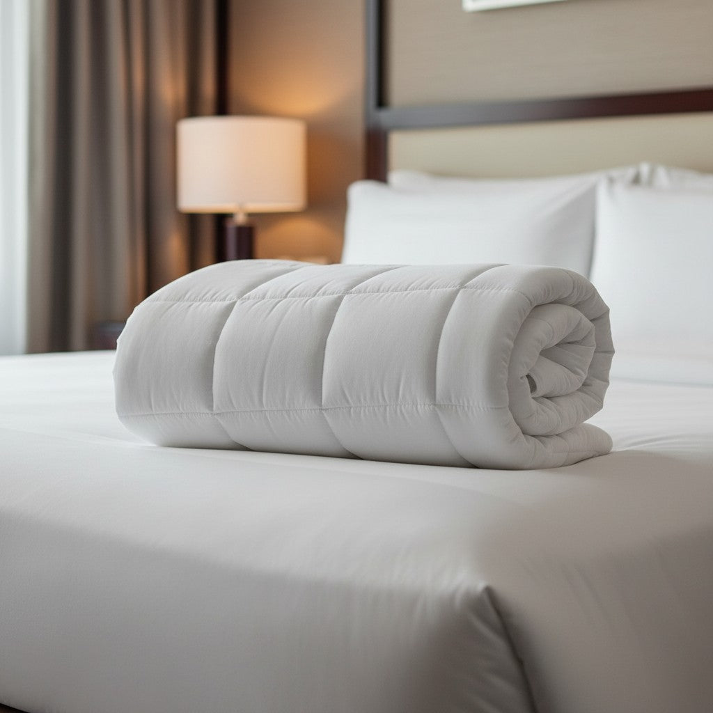 Valiant Products white quilted microfiber down alternative blanket rolled on a hotel bed