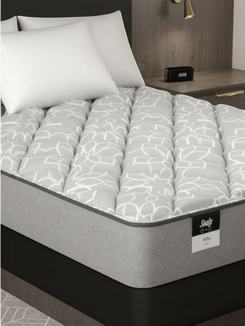 Valiant Products Allis 11-inch soft two-sided mattress with grey and white patterned fabric in a bedroom setting