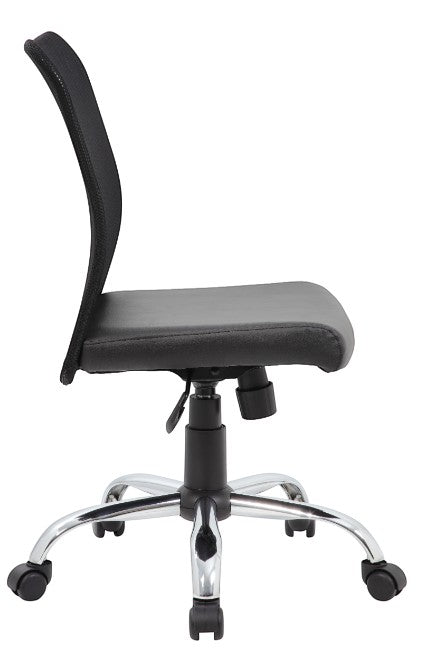 Valiant Products Walter armless ergonomic office chair with black mesh back, vinyl seat, and chrome base, side view.