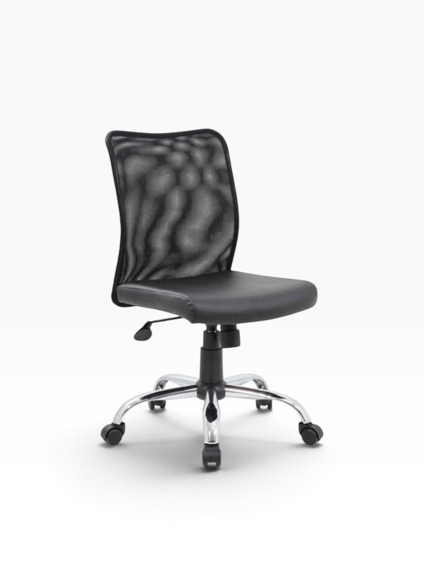 Valiant Products Walter armless ergonomic office chair with a breathable black mesh back and black vinyl seat.