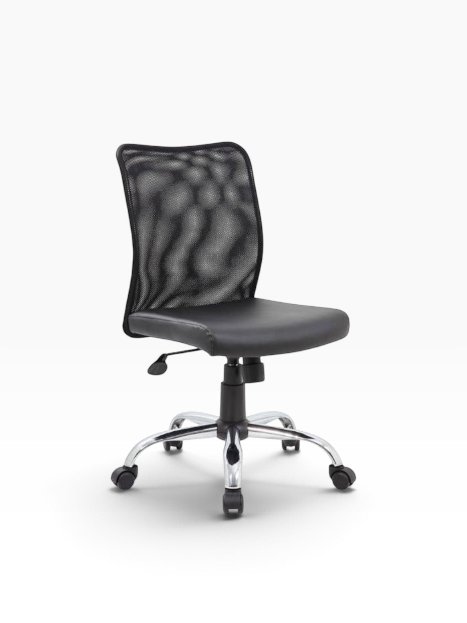 Valiant Products Walter armless ergonomic office chair with a breathable black mesh back and black vinyl seat.