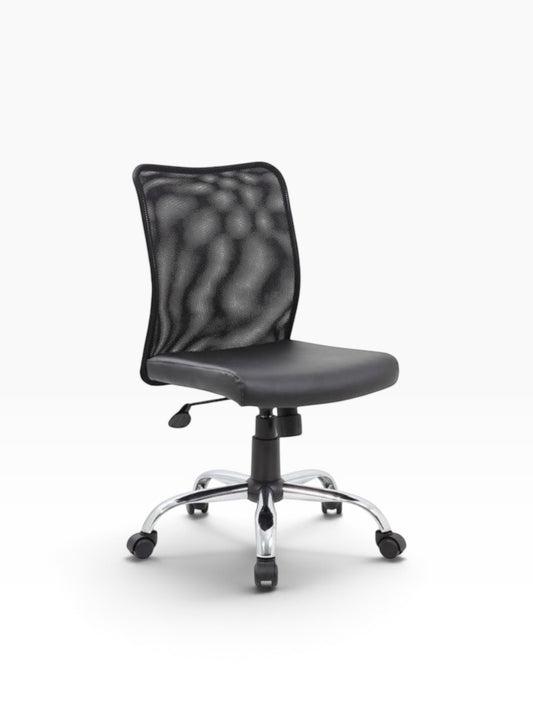 Valiant Products Walter armless ergonomic office chair with a breathable black mesh back and black vinyl seat.