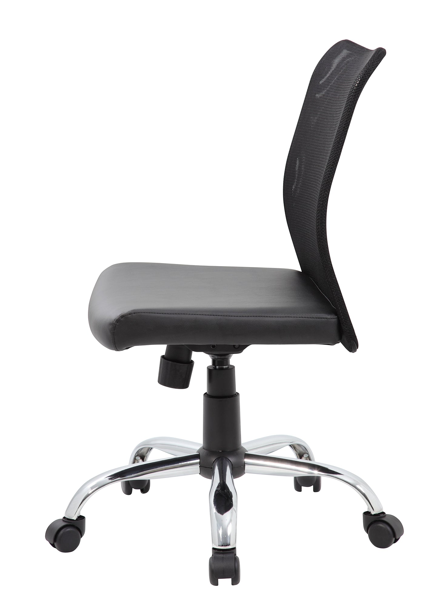 Valiant Products Walter armless ergonomic office chair with black mesh back, vinyl seat, and chrome base, side view