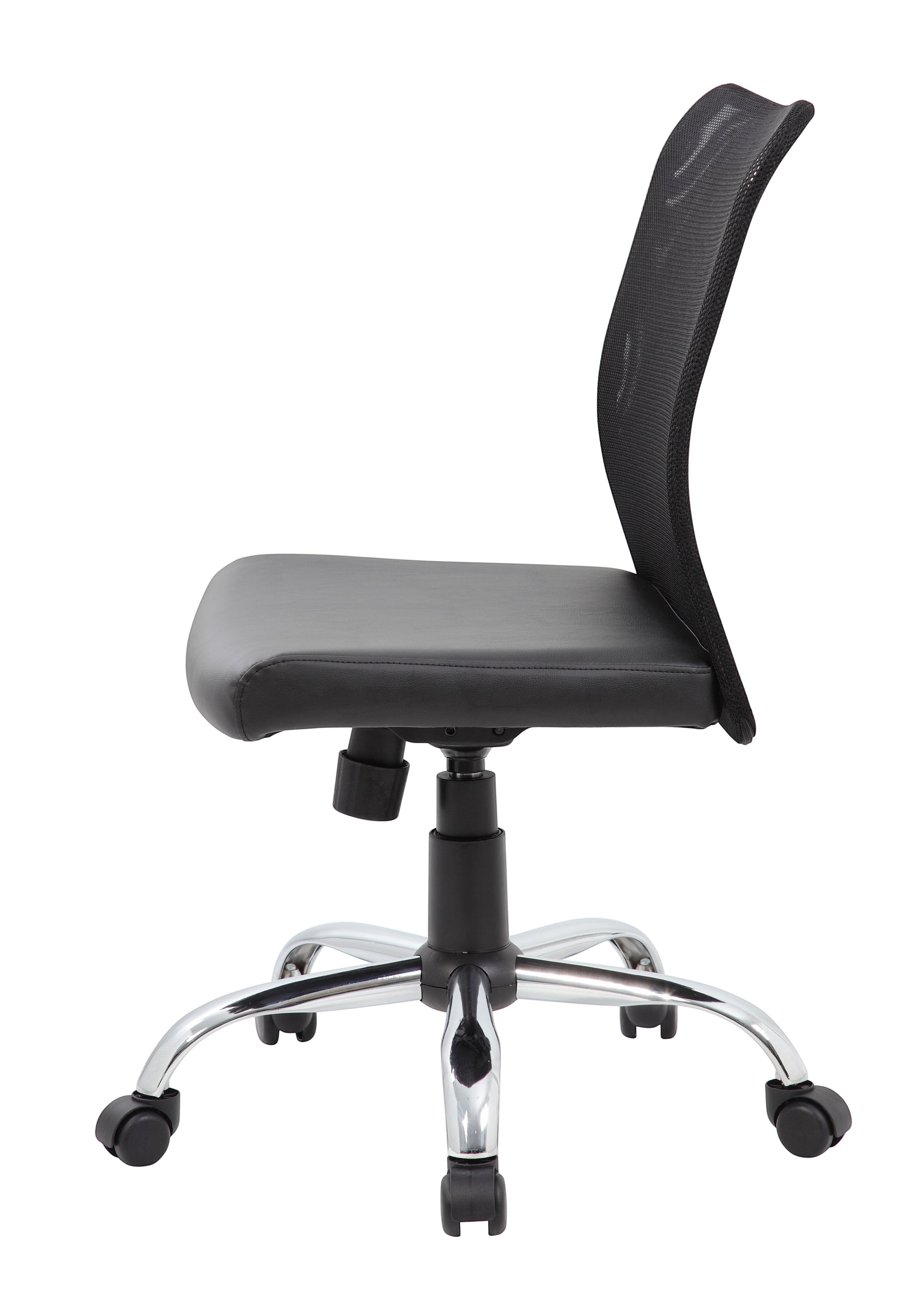 Valiant Products Walter armless ergonomic office chair with black mesh back, vinyl seat, and chrome base, side view