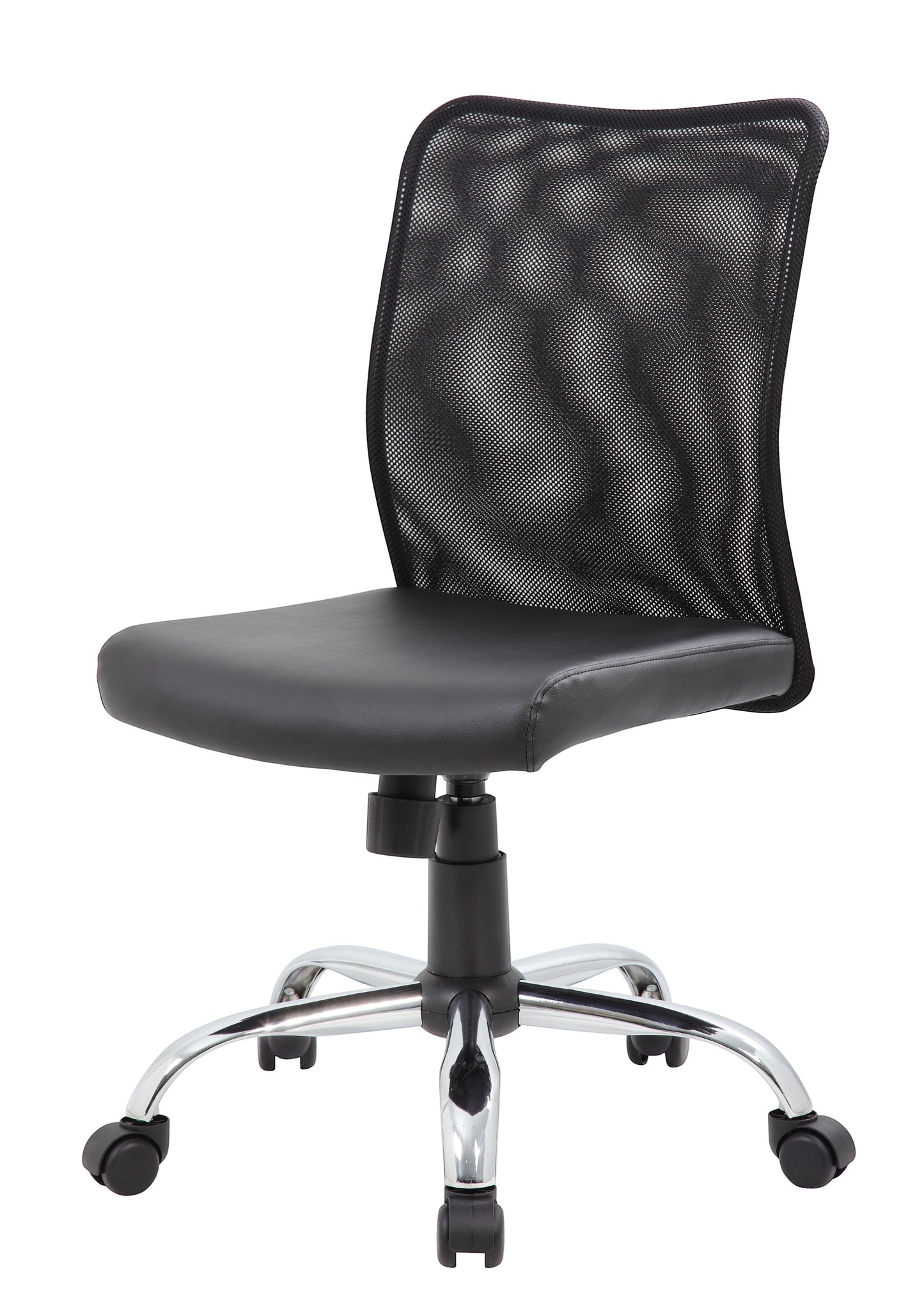 Valiant Products Walter armless ergonomic office chair with black mesh back, vinyl seat, and chrome base.