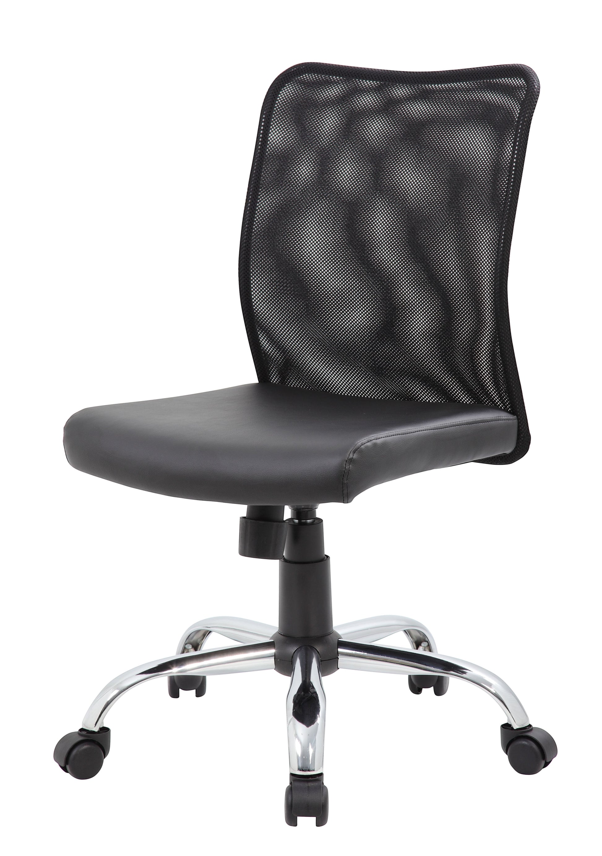 Valiant Products Walter armless ergonomic office chair with black mesh back, vinyl seat, and chrome base.