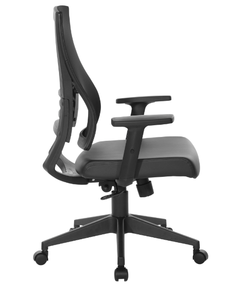 Valiant Products Arthur ergonomic office chair with black mesh back, padded seat, and adjustable arms, side view.