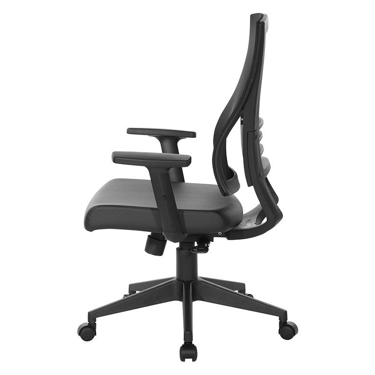 Valiant Products Arthur ergonomic office chair with black mesh back, padded seat, and adjustable arms, side view.
