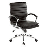 Valiant Products Themis mid-back office chair in black faux leather with chrome base and loop arms.