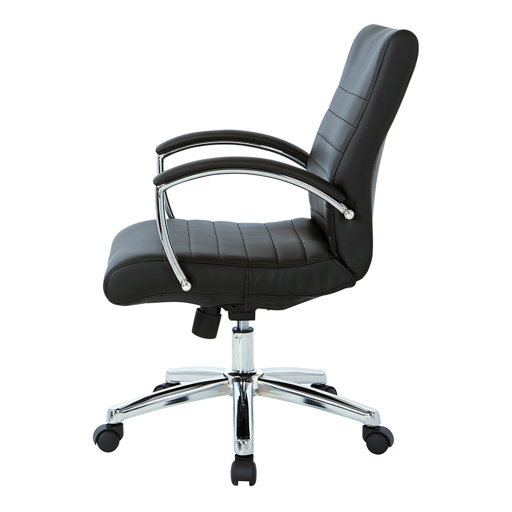 Valiant Products Gosper executive low back office chair in black faux leather with padded chrome arms and base.
