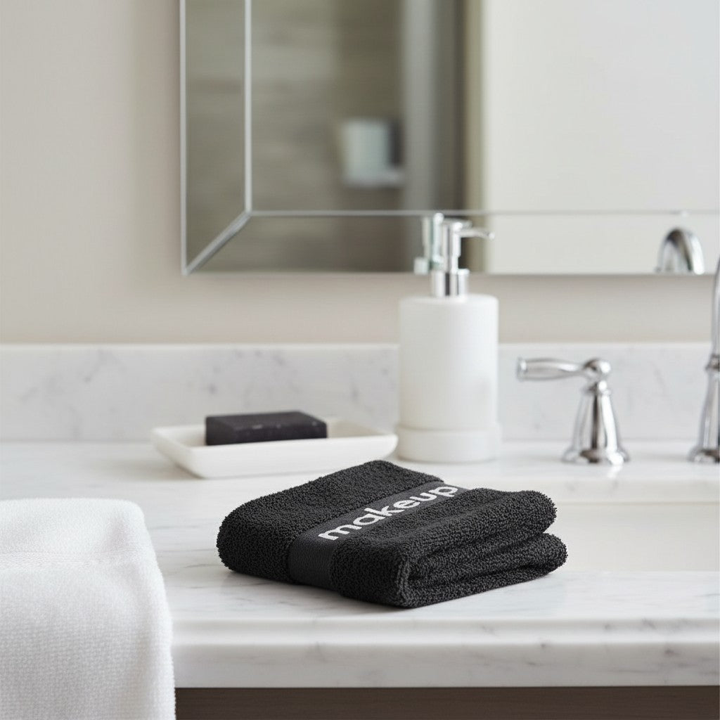 Valiant Products black cotton washcloth with a grey jacquard makeup border sitting on a marble bathroom vanity