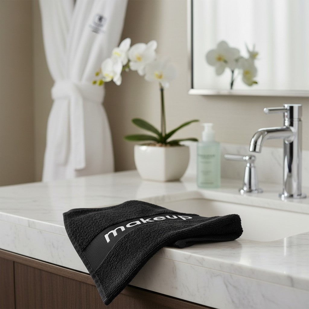 Valiant Products black cotton washcloth with grey jacquard makeup border on a marble bathroom vanity
