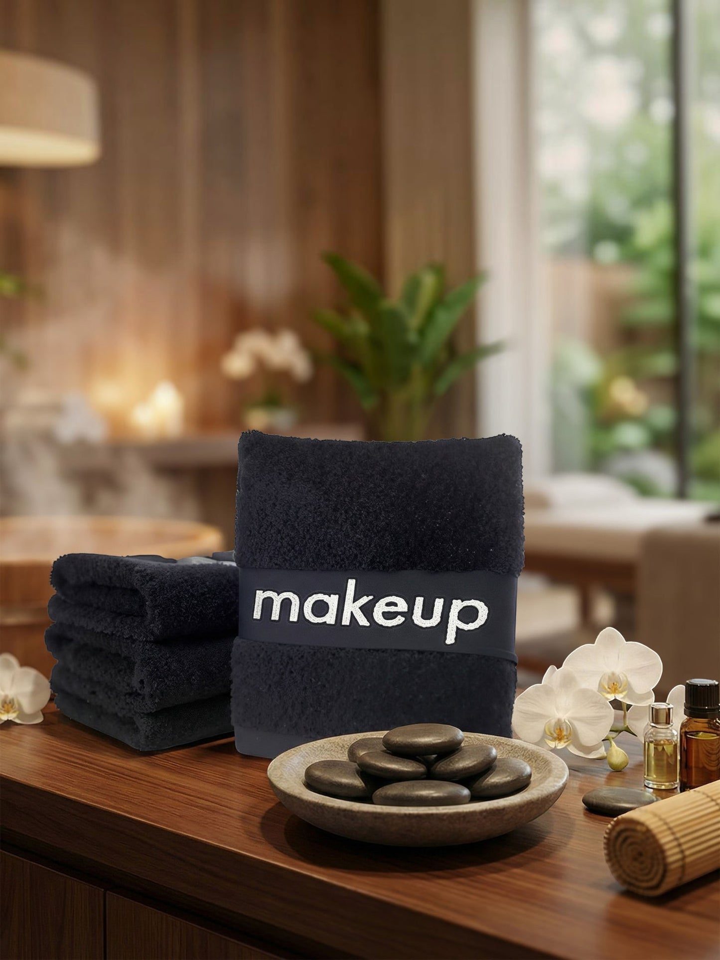Valiant Products black cotton washcloth with grey jacquard makeup border on a spa table with stones and orchids