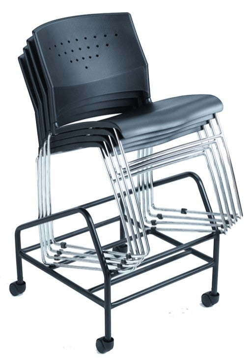 Valiant Products Kellan black polypropylene stackable chairs with chrome frames on a rolling storage dolly