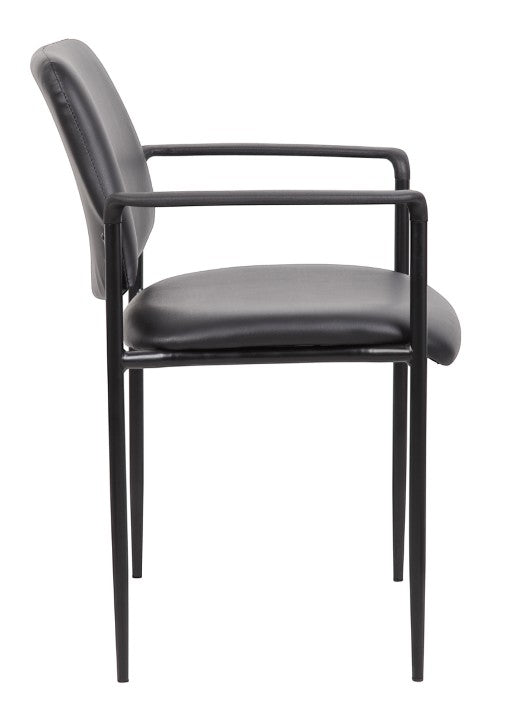 Valiant Products Whitaker black vinyl stacking chair with arms and a sturdy tubular steel frame, side view