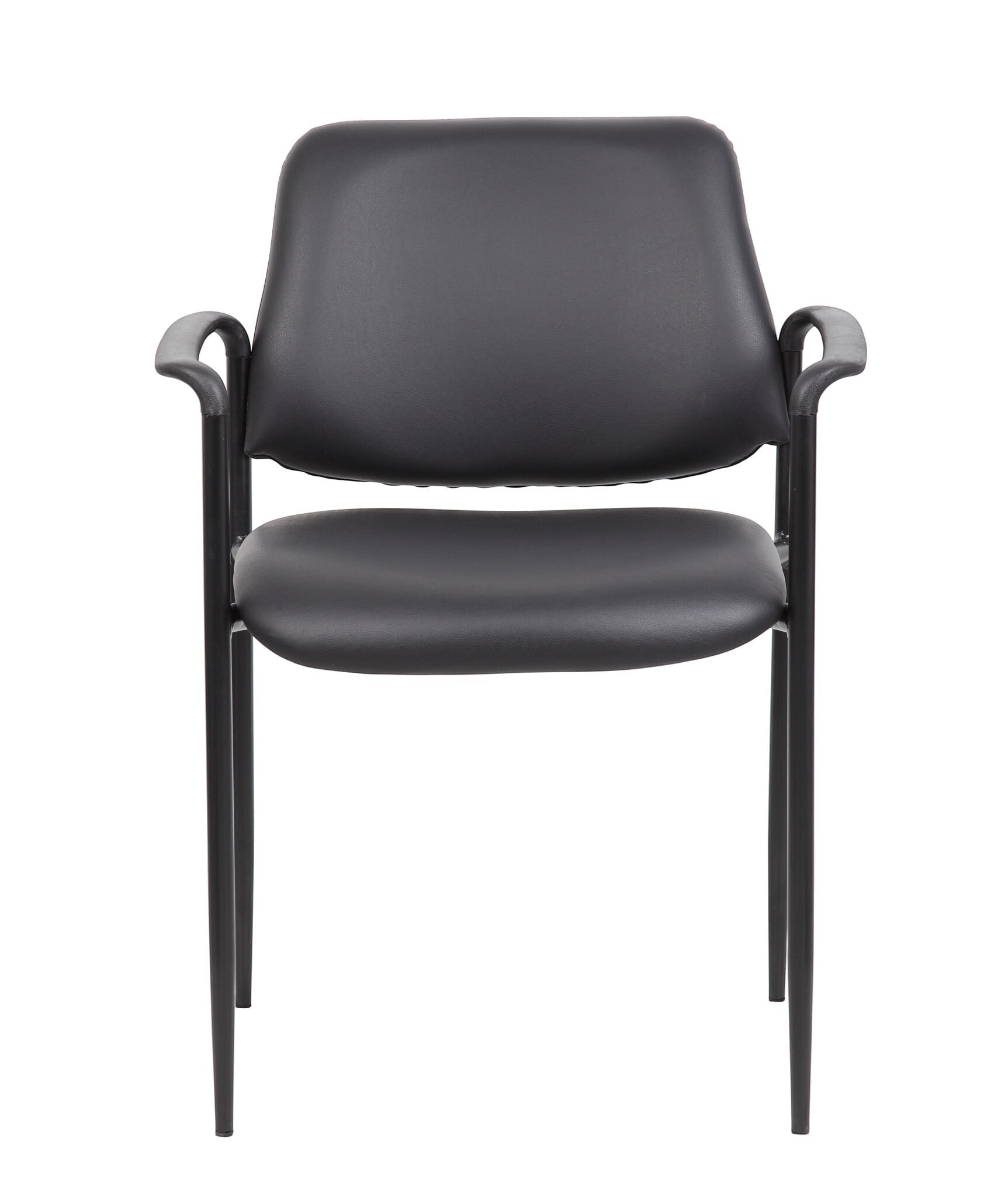 Valiant Products Whitaker black vinyl stacking chair with fixed arms and a sturdy tubular steel frame.
