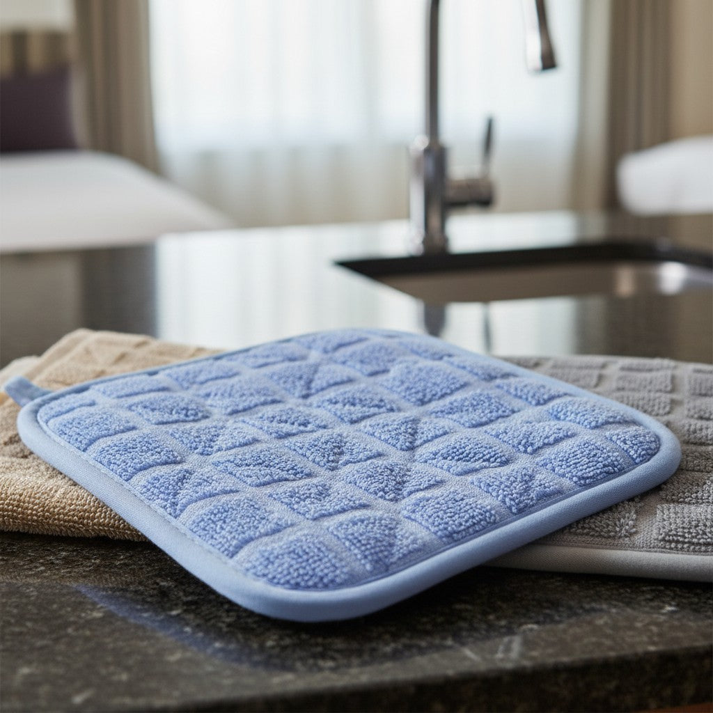 Valiant Products blue quilted cotton pot holder with corner loop resting on a kitchen counter with other towels