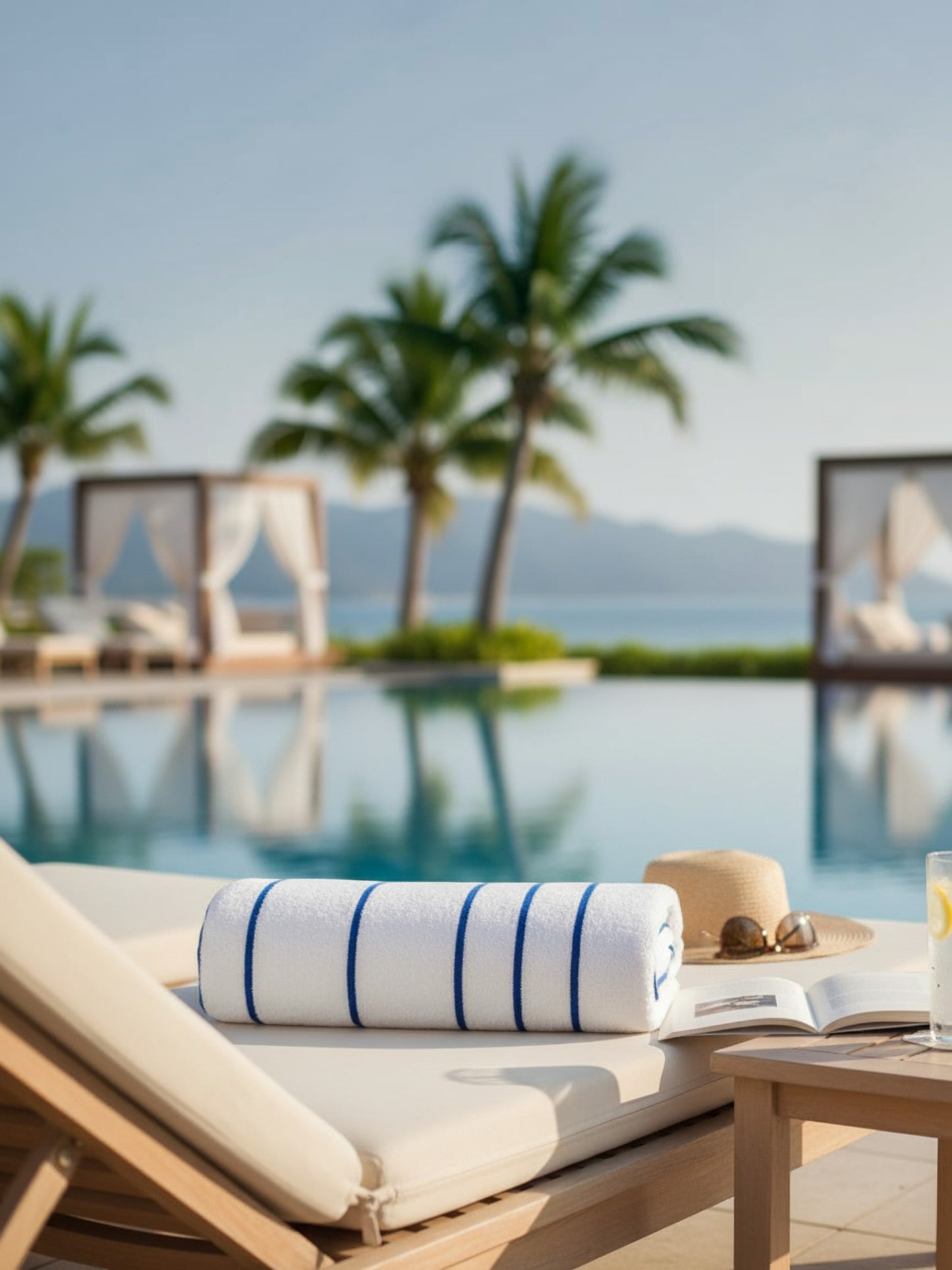 Valiant Products Resort pool towel with blue horizontal dobby stripes on a white cotton base, poolside setting.
