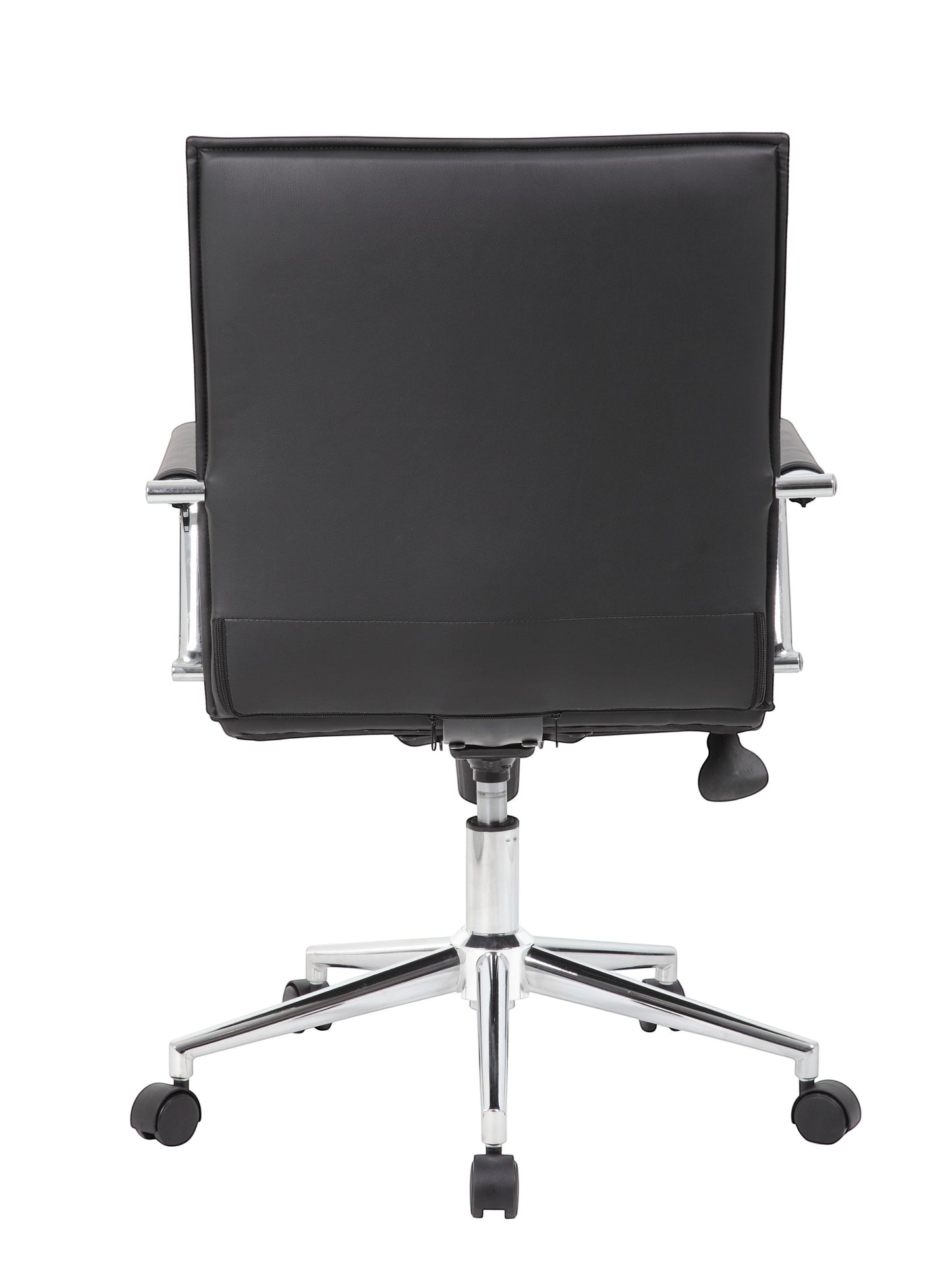 Back view of Valiant Products Brantley ergo chair in black PVC vinyl with a chrome base and fixed chrome arms