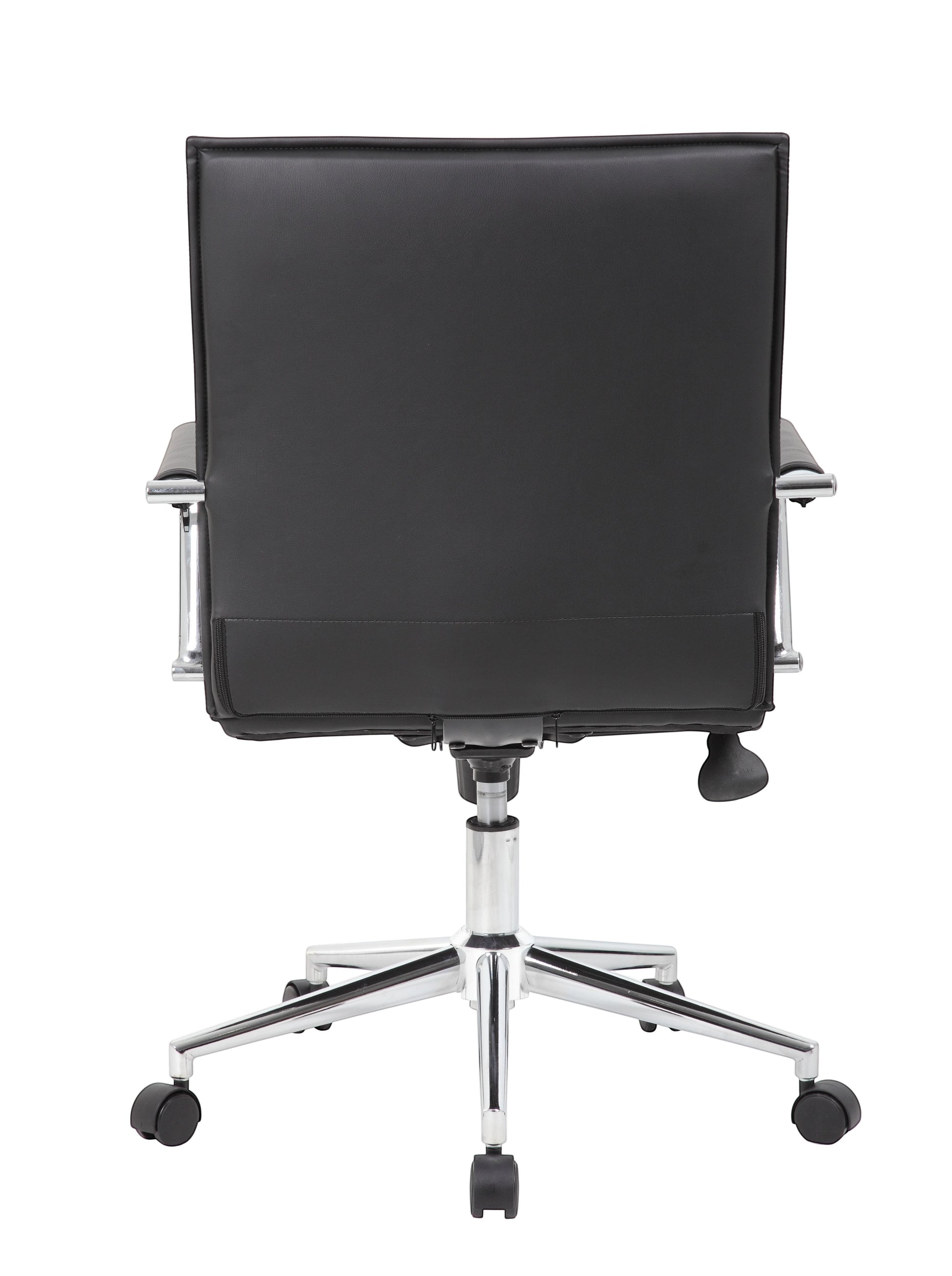 Back view of Valiant Products Brantley ergo chair in black PVC vinyl with a chrome base and fixed chrome arms
