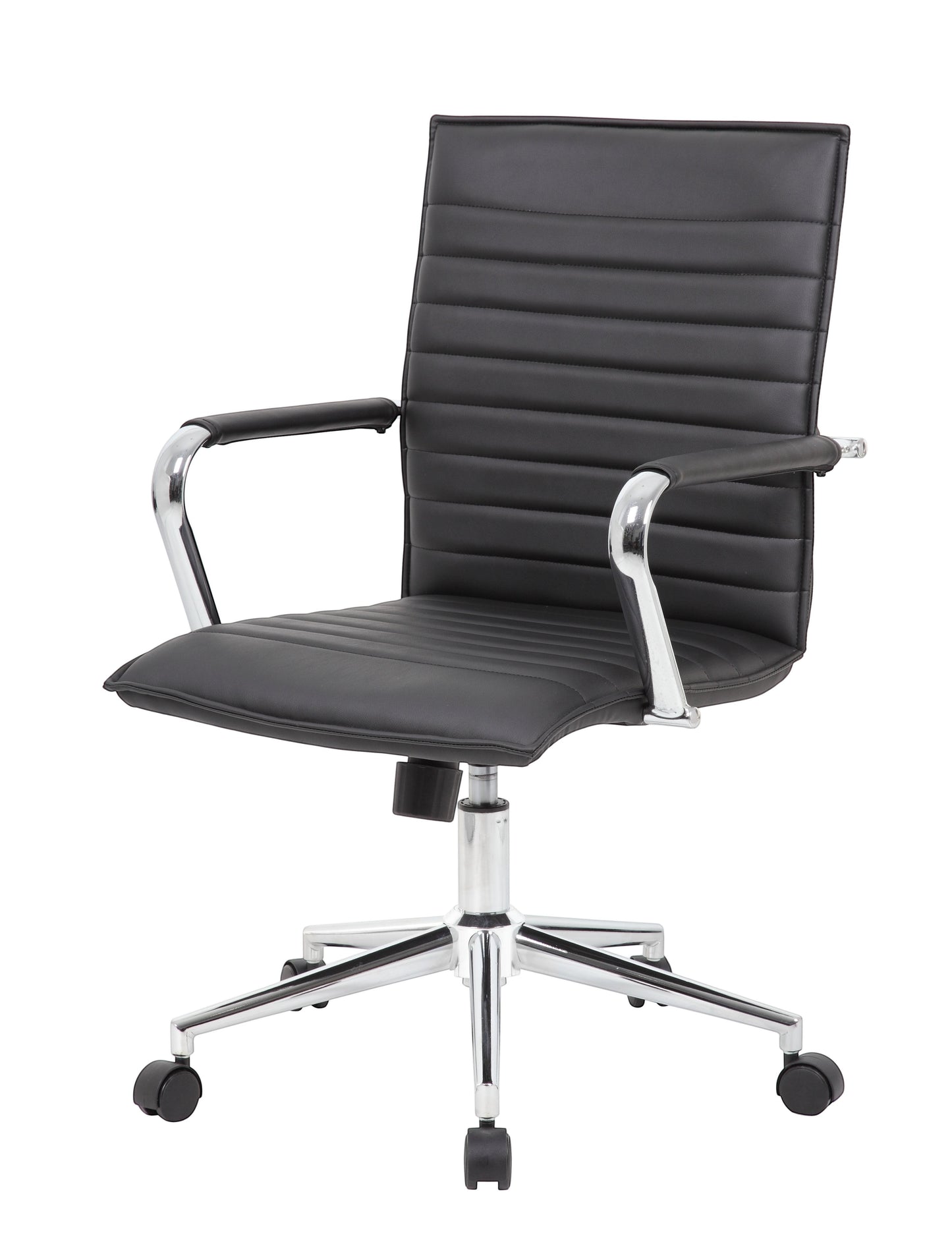 Valiant Products Brantley ergo chair in black PVC vinyl with fixed chrome arms and a chrome base on dual wheel castors.