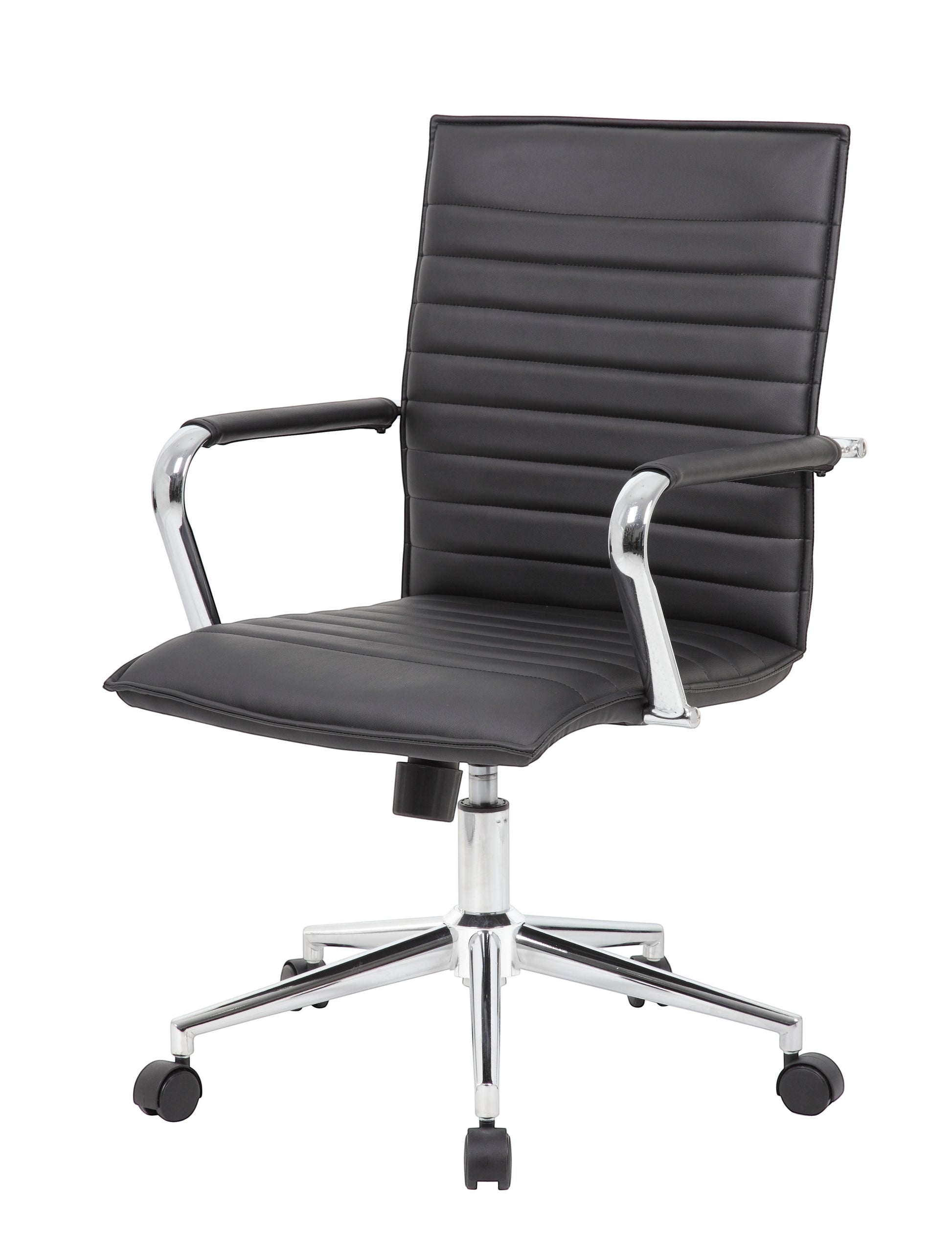 Valiant Products Brantley ergo chair in black PVC vinyl with fixed chrome arms and a chrome base on dual wheel castors.