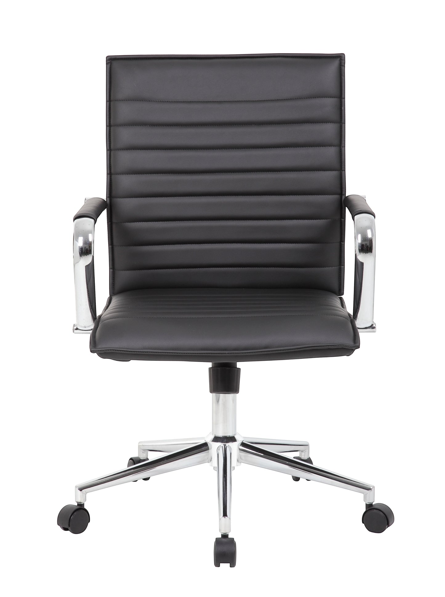 Valiant Products Brantley ergo chair in black PVC vinyl with fixed chrome arms and a chrome base on a white background