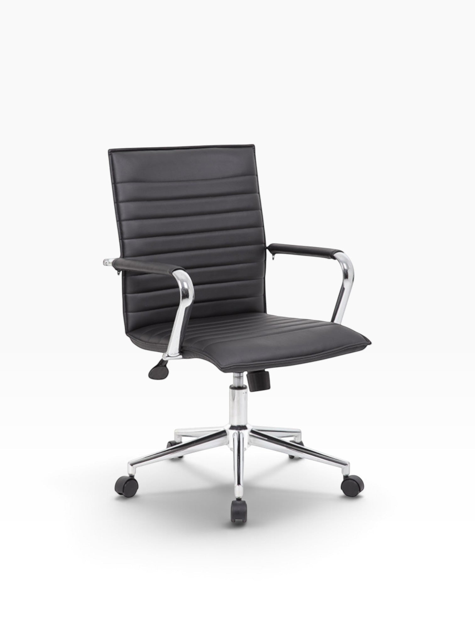 Valiant Products Brantley ergo chair in black PVC vinyl with fixed chrome arms and a polished chrome base.
