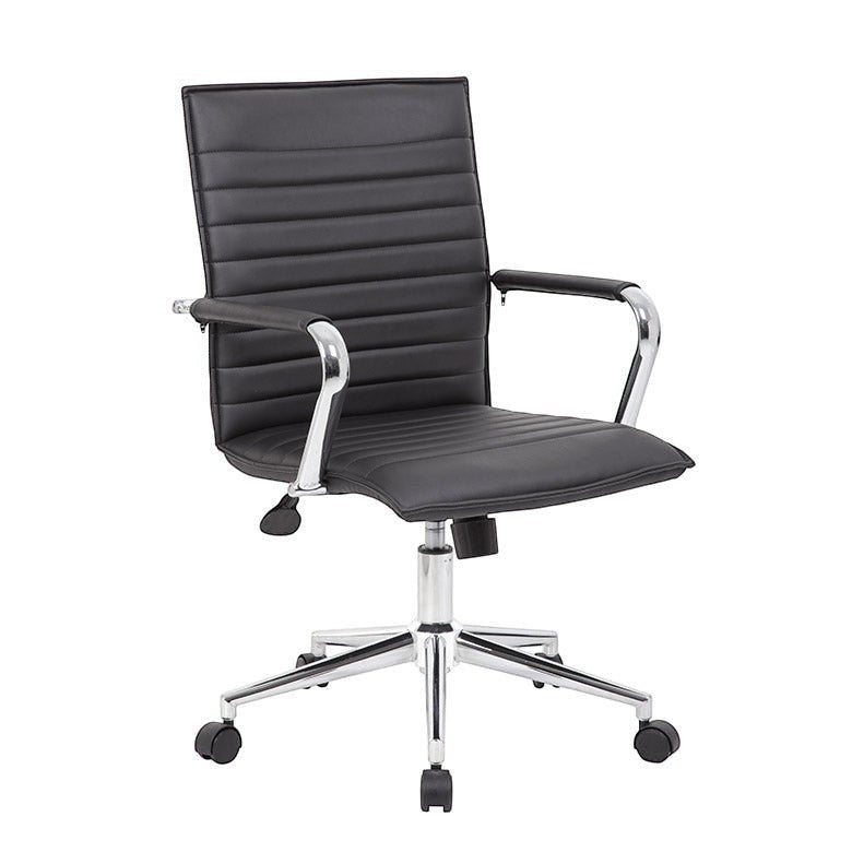 Valiant Products Brantley ergo chair in black PVC vinyl with fixed chrome arms and a polished chrome base.