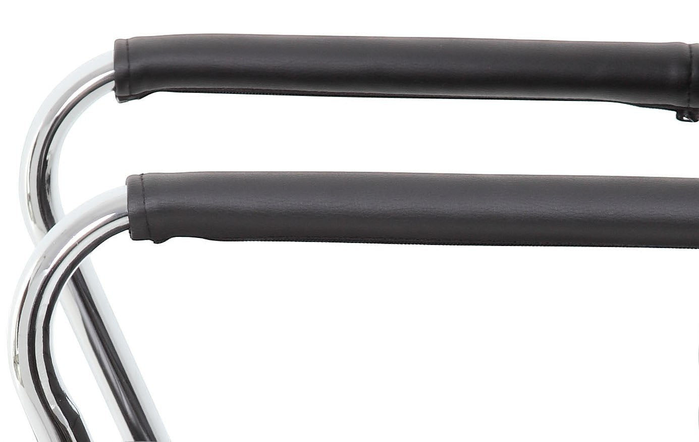 Valiant Products Brantley ergo chair featuring black PVC vinyl padded fixed chrome armrests for a modern office look.