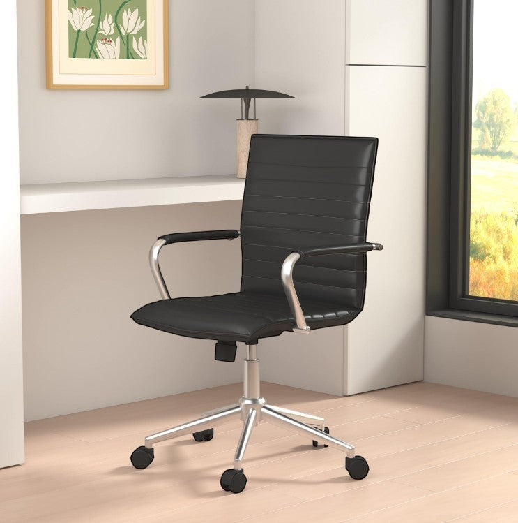 Valiant Products Brantley ergo chair in black PVC vinyl with fixed chrome arms and a chrome base in a modern office.