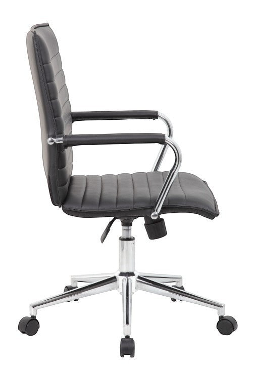 Valiant Products Brantley ergo chair in black PVC vinyl with fixed chrome arms and a chrome base, side view.