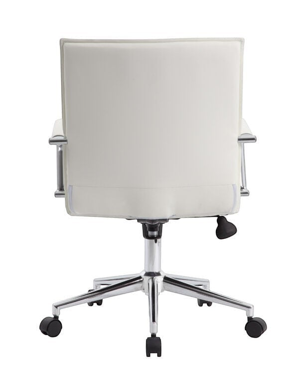 Valiant Products Brantley ergo chair in white PVC vinyl with fixed chrome arms and a chrome base, back view.