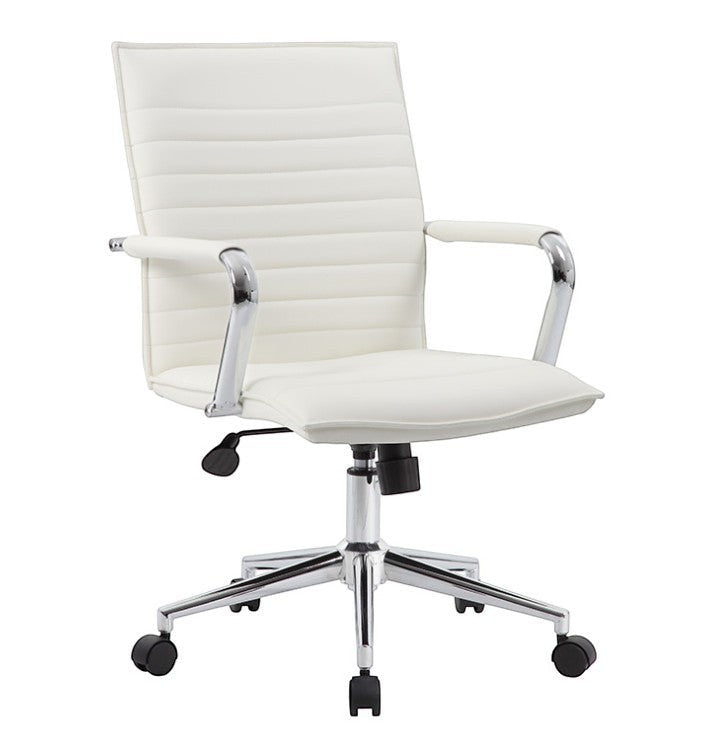 Valiant Products Brantley ergo chair in white PVC vinyl with fixed chrome arms and a polished chrome base.