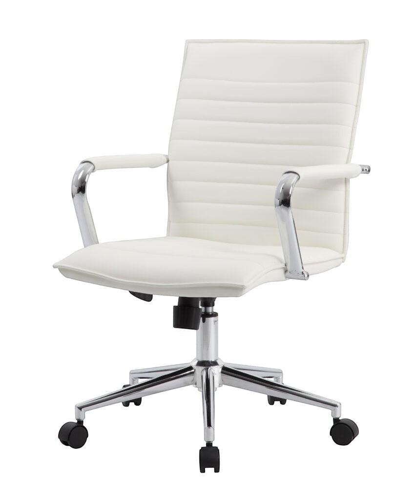 Valiant Products Brantley ergo chair in white PVC vinyl with fixed chrome arms and a polished chrome base.